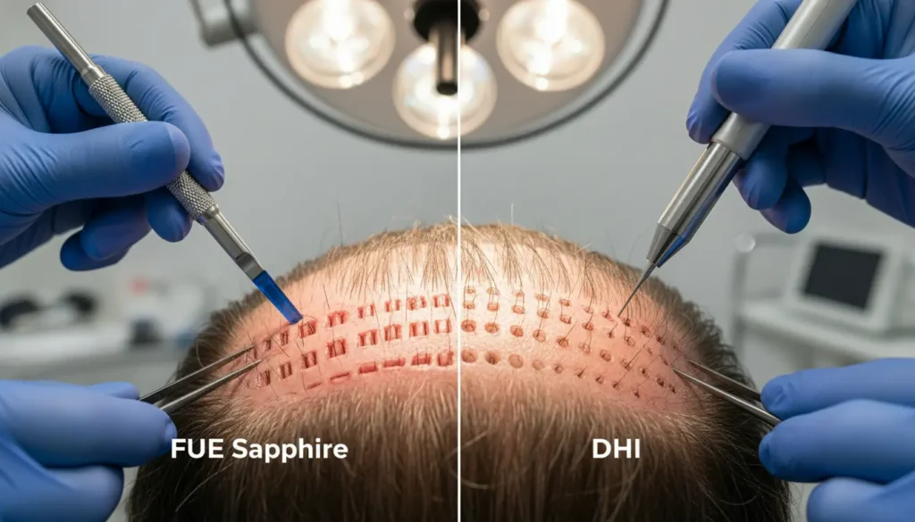 qual a diferença entre transplante capilar FUE Sapphire e DHI
